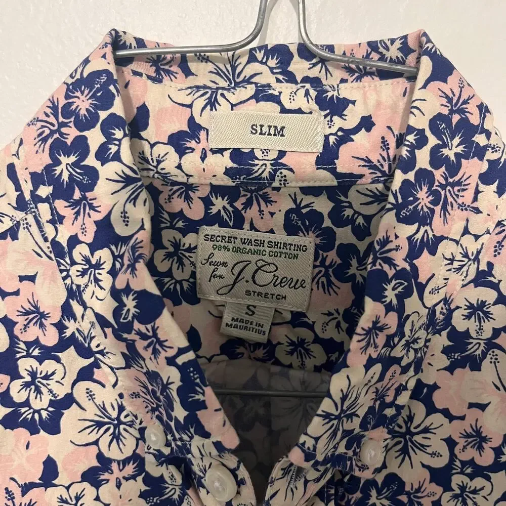 J.Crew Secret Wash Shirt Mens Small Pink Blue Slim Fit Floral Organic Cotton
